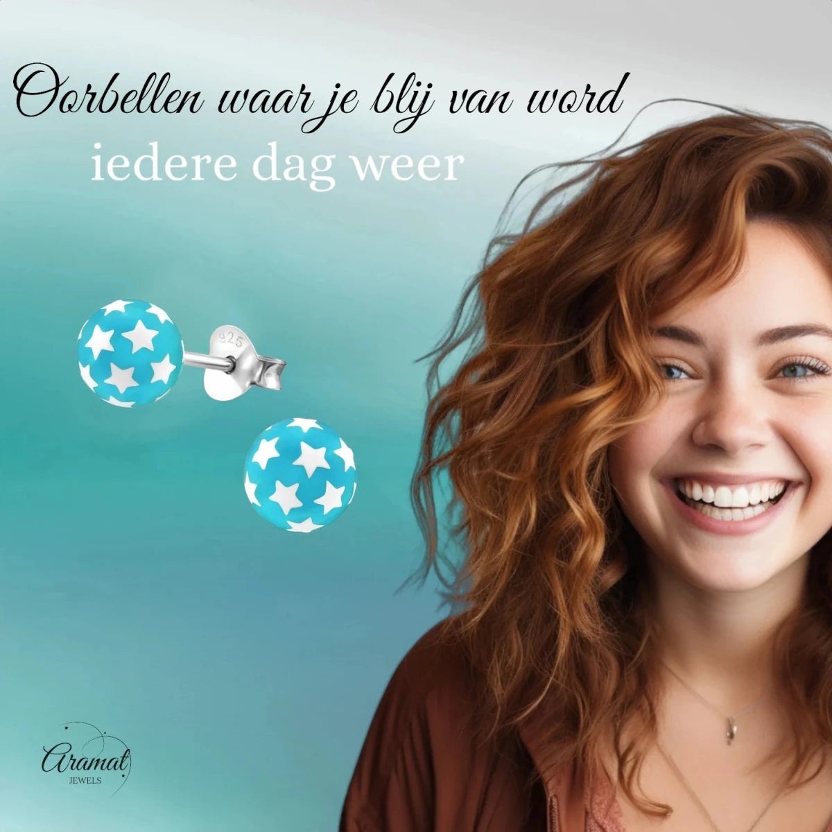 925 Sterling Zilveren Bolletjes Oorknopjes Blauw met Witte Sterretjes 6mm - Aramat Jewels - Oorbellen - cadeautip