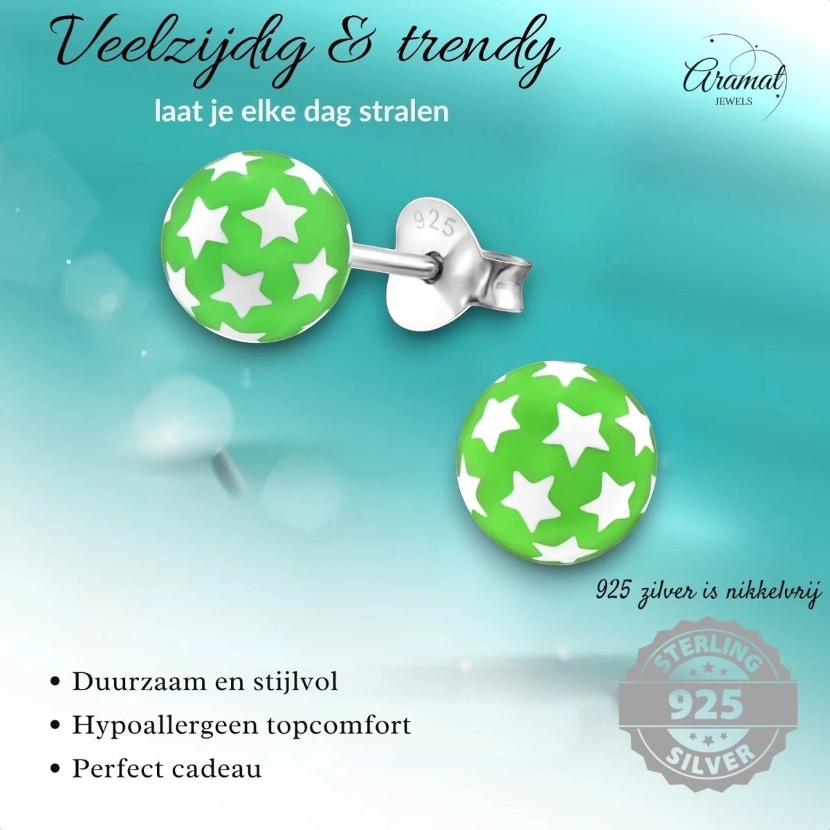 925 Sterling Zilveren Bolletjes Oorknopjes Groen met Witte Sterretjes 6mm - Aramat Jewels - Oorbellen - cadeautip