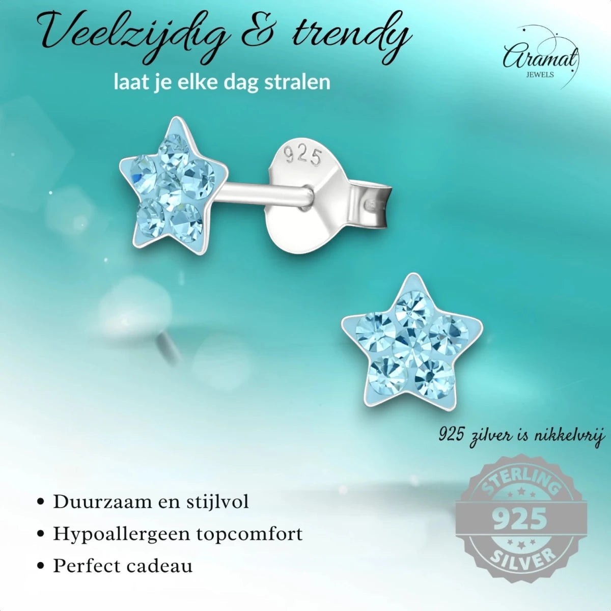925 Sterling Zilveren Sterretjes Oorknopjes met Blauw Kristal 5mm - Aramat Jewels - Oorbellen - cadeautip