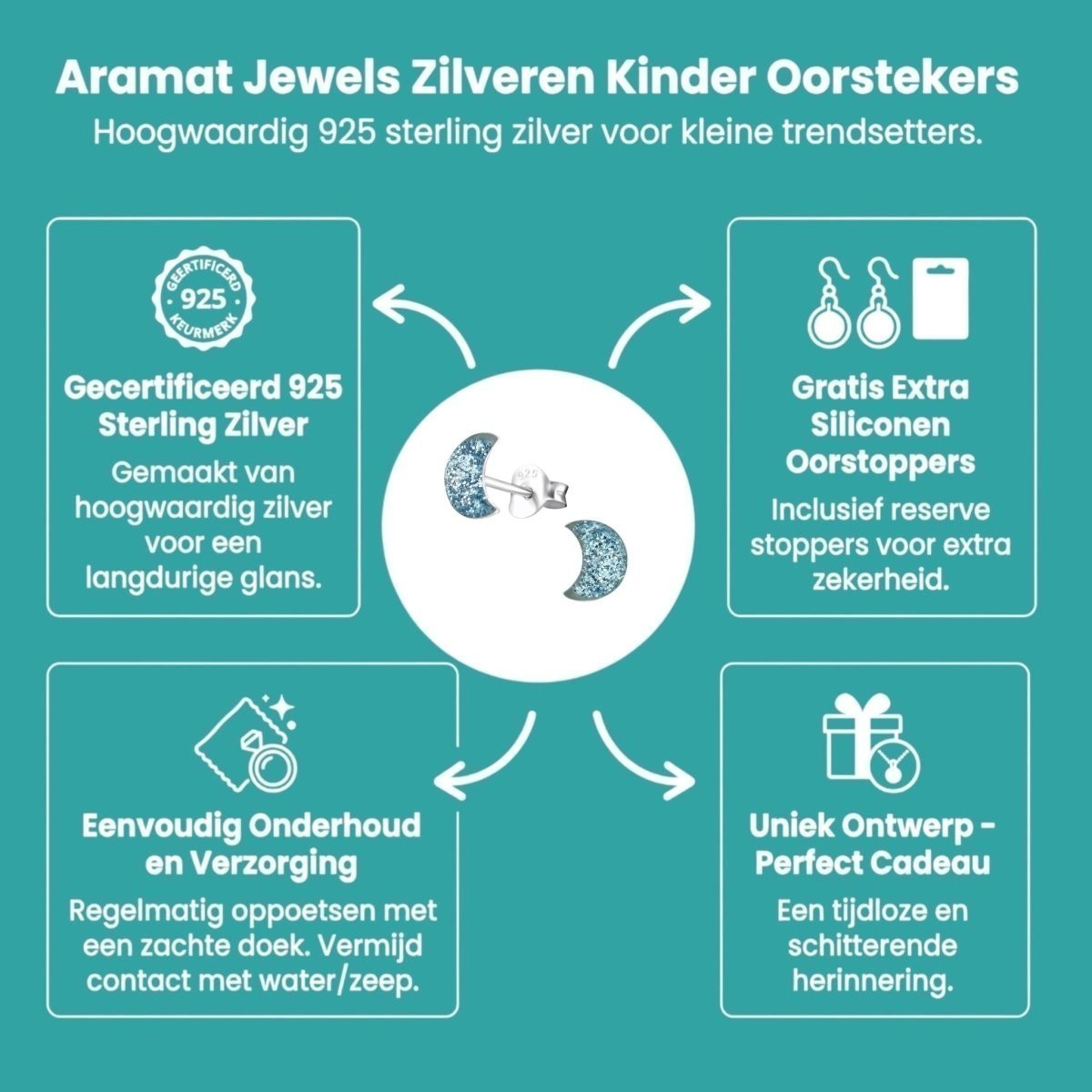 925 Zilveren Kinderoorbellen Blauwe Glitter Maan 6x3mm - Aramat Jewels - Oorbellen - cadeautip