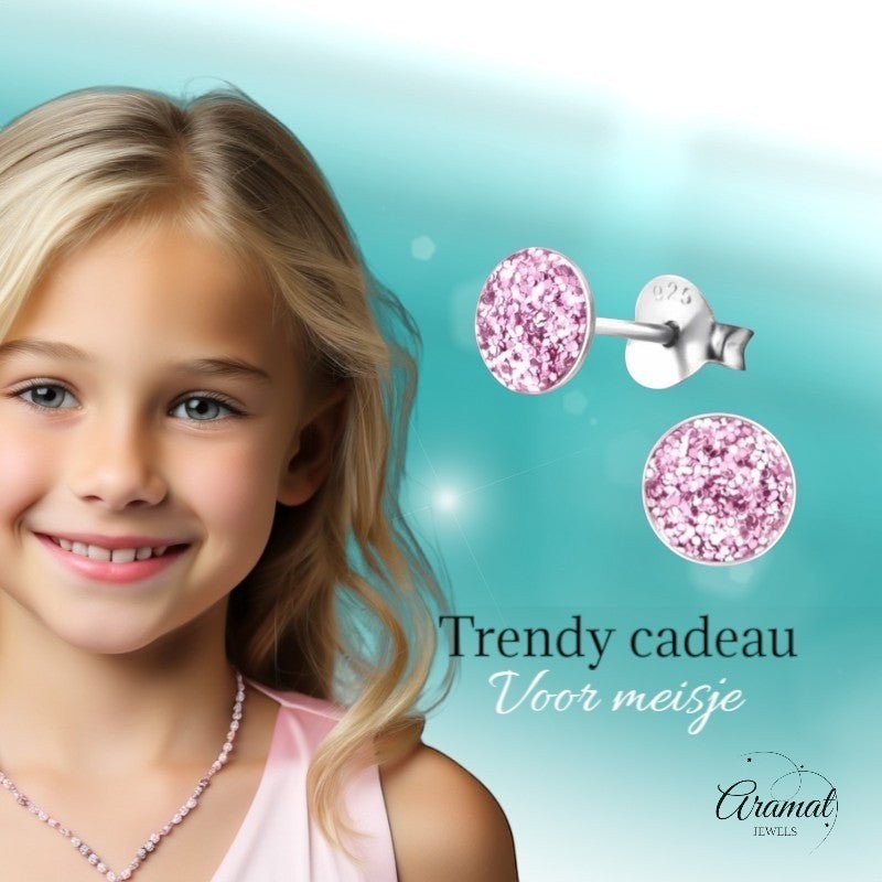 925 Zilveren Kinderoorbellen Paarse Glitter Rond 5mm - Aramat Jewels - Oorbellen - cadeautip