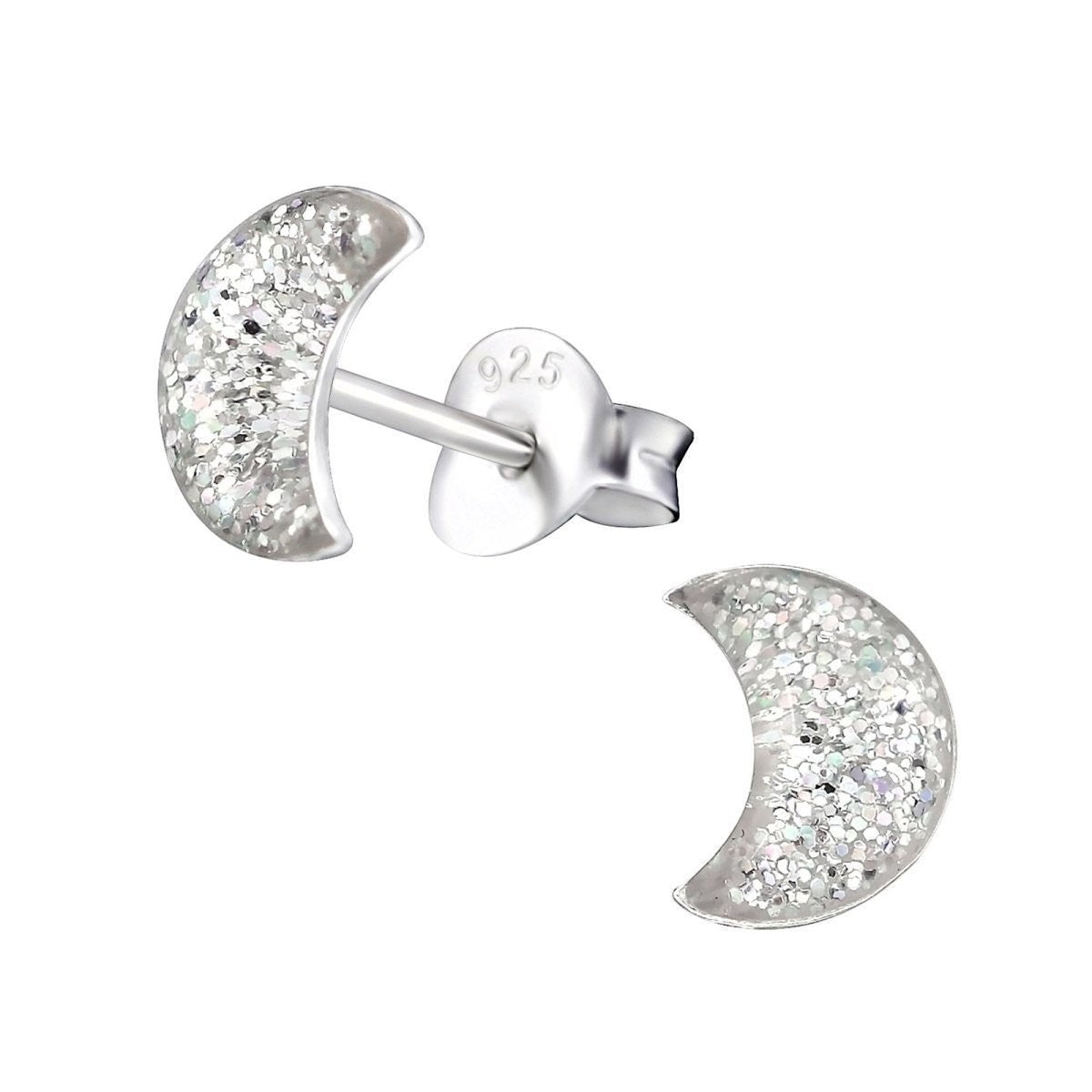 925 Zilveren Kinderoorbellen Transparante Glitter Maan 6x3mm - Aramat Jewels - Oorbellen - cadeautip
