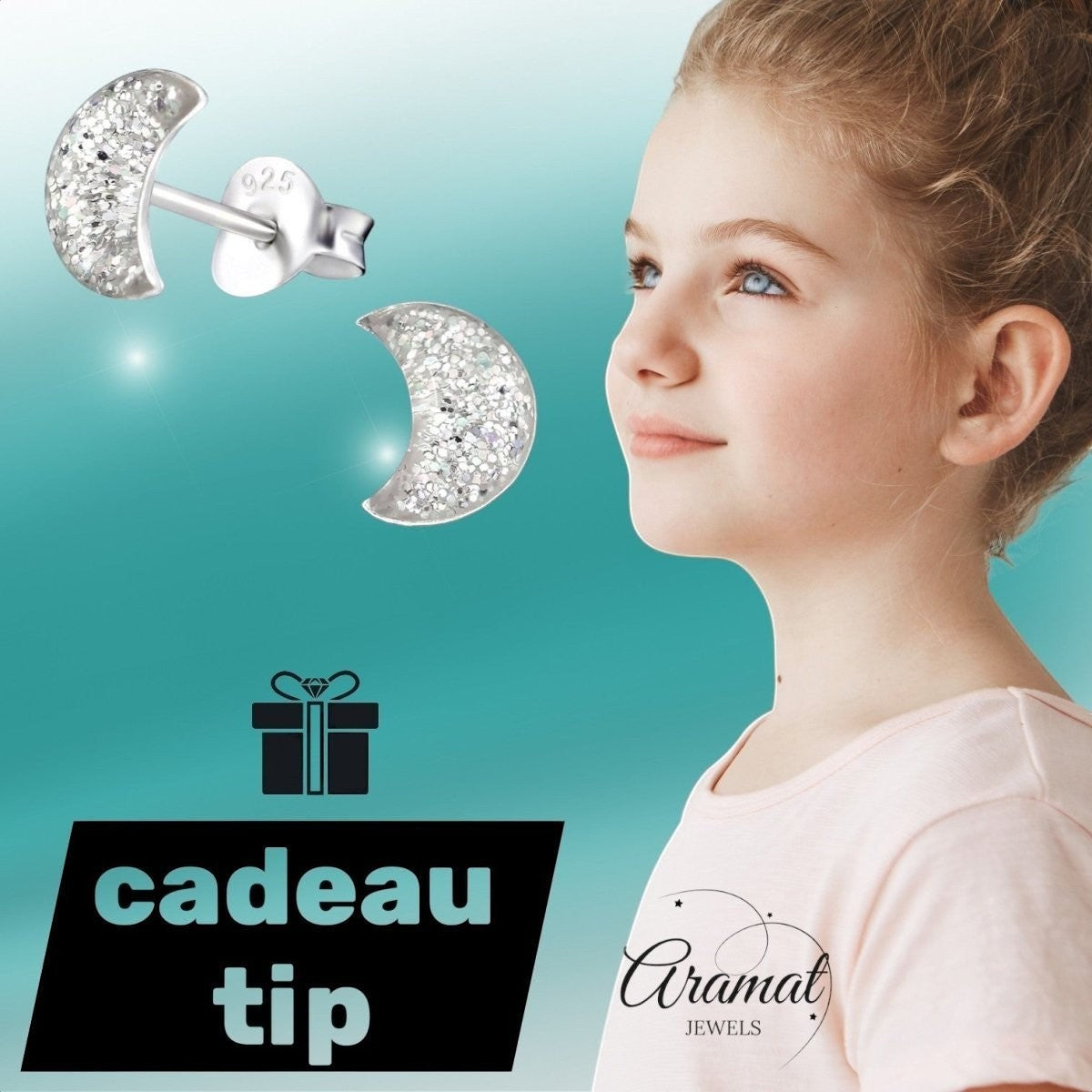925 Zilveren Kinderoorbellen Transparante Glitter Maan 6x3mm - Aramat Jewels - Oorbellen - cadeautip