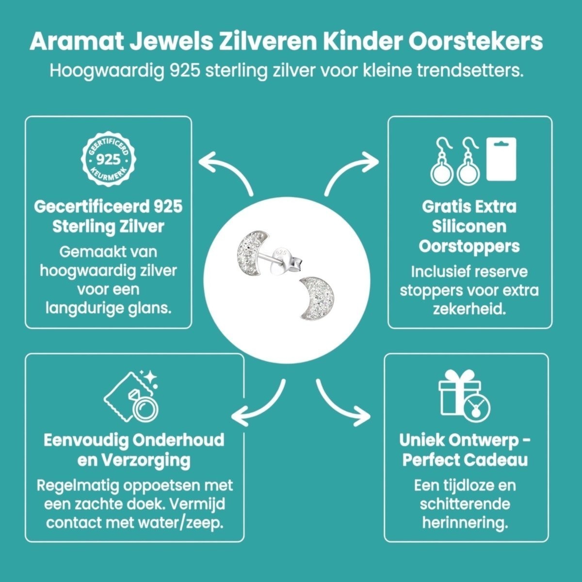 925 Zilveren Kinderoorbellen Transparante Glitter Maan 6x3mm - Aramat Jewels - Oorbellen - cadeautip