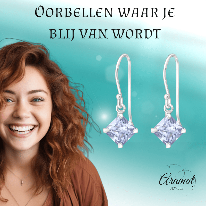 925 Zilveren Oorhangers Lila Zirkonia - Kinder Oorbellen - oor1170 - 1092 - Oorhangers kopen# - 15mm - 925 Zilver