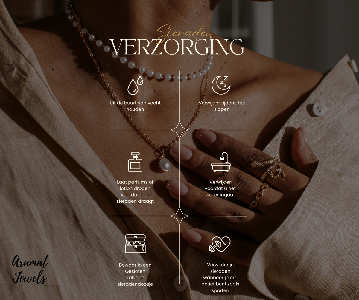 Infographic met verschillende aspecten van de verzorging en het onderhoud van sieraden in het Nederlands.