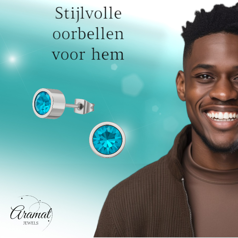 Aqua blauwe kristal oorstekers – 5mm zilver RVS