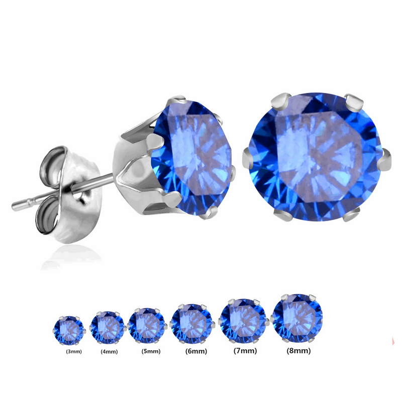 Aramat Jewels ® – Stalen oorbellen met zirkonia - Blauw - Rond 8mm blauw chirurgisch staal dames geboortesteen heren Met_steen oorbellen rond Staal zilverkleurig zirkonia