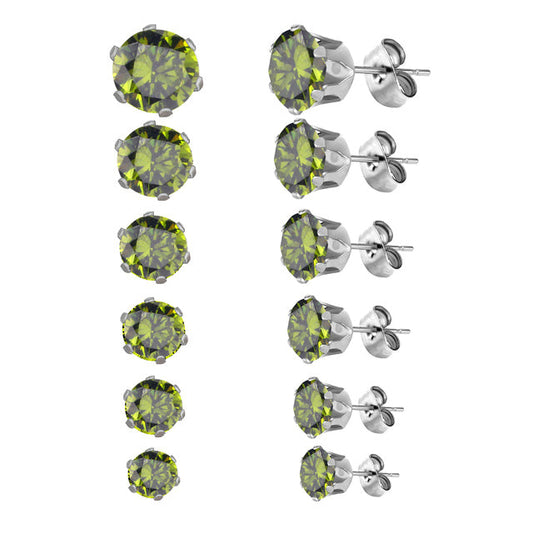Aramat Jewels ® – Stalen oorbellen met zirkonia - Olijf Groen - Rond 3mm 5mm 6mm 8mm chirurgisch staal dames groen heren Met_steen Olijf groen olijf_groen oorbellen rond Staal zilverkleurig zirkonia