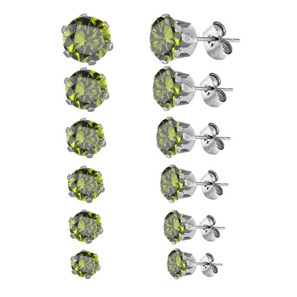 Aramat Jewels ® – Stalen oorbellen met zirkonia - Olijf Groen - Rond 3mm 5mm 6mm 8mm chirurgisch staal dames groen heren Met_steen Olijf groen olijf_groen oorbellen rond Staal zilverkleurig zirkonia