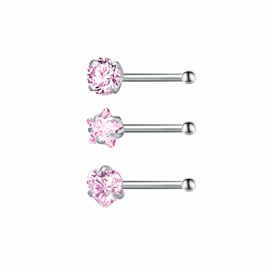 Drie Roze Kristallen Neuspiercings Van Aramat Jewels Met Een Enkele Roze Zirkonia