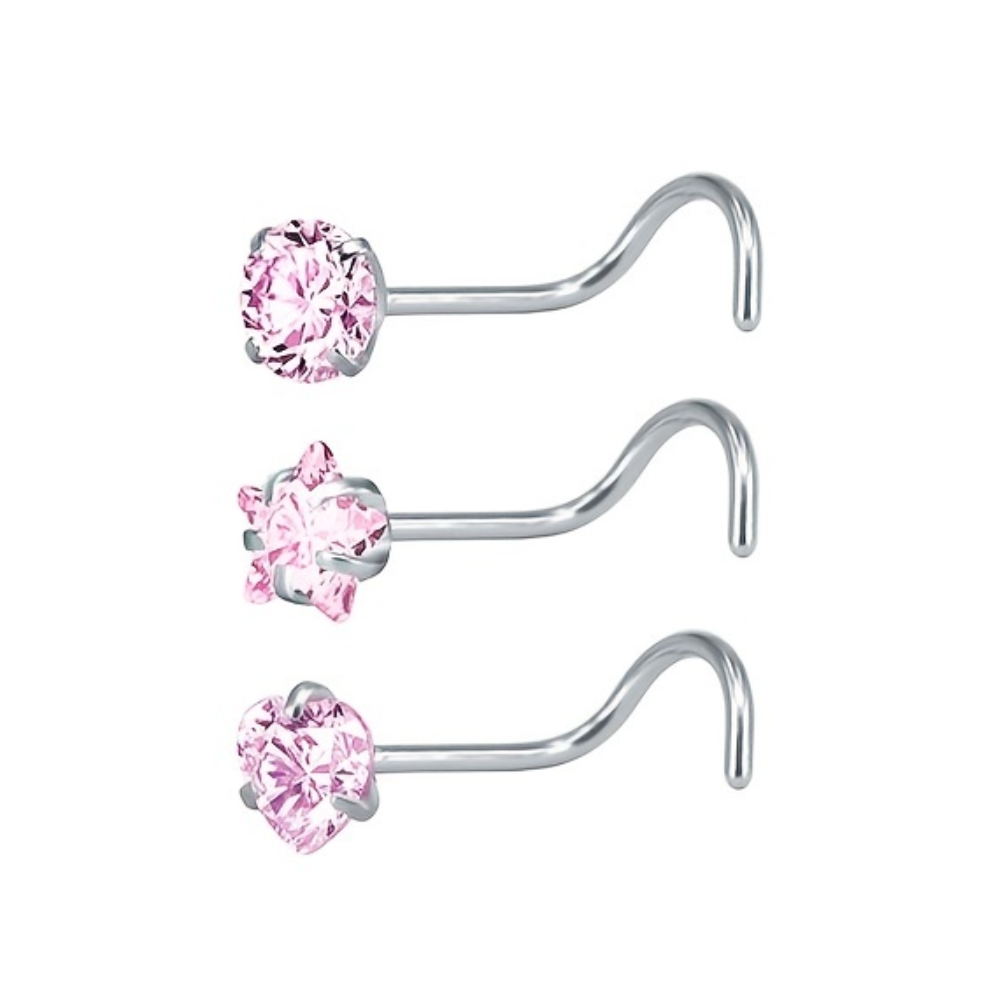 Drie Paar Roze Kristallen Neuspiercings Op Een Witte Achtergrond Van Aramat Jewels®.