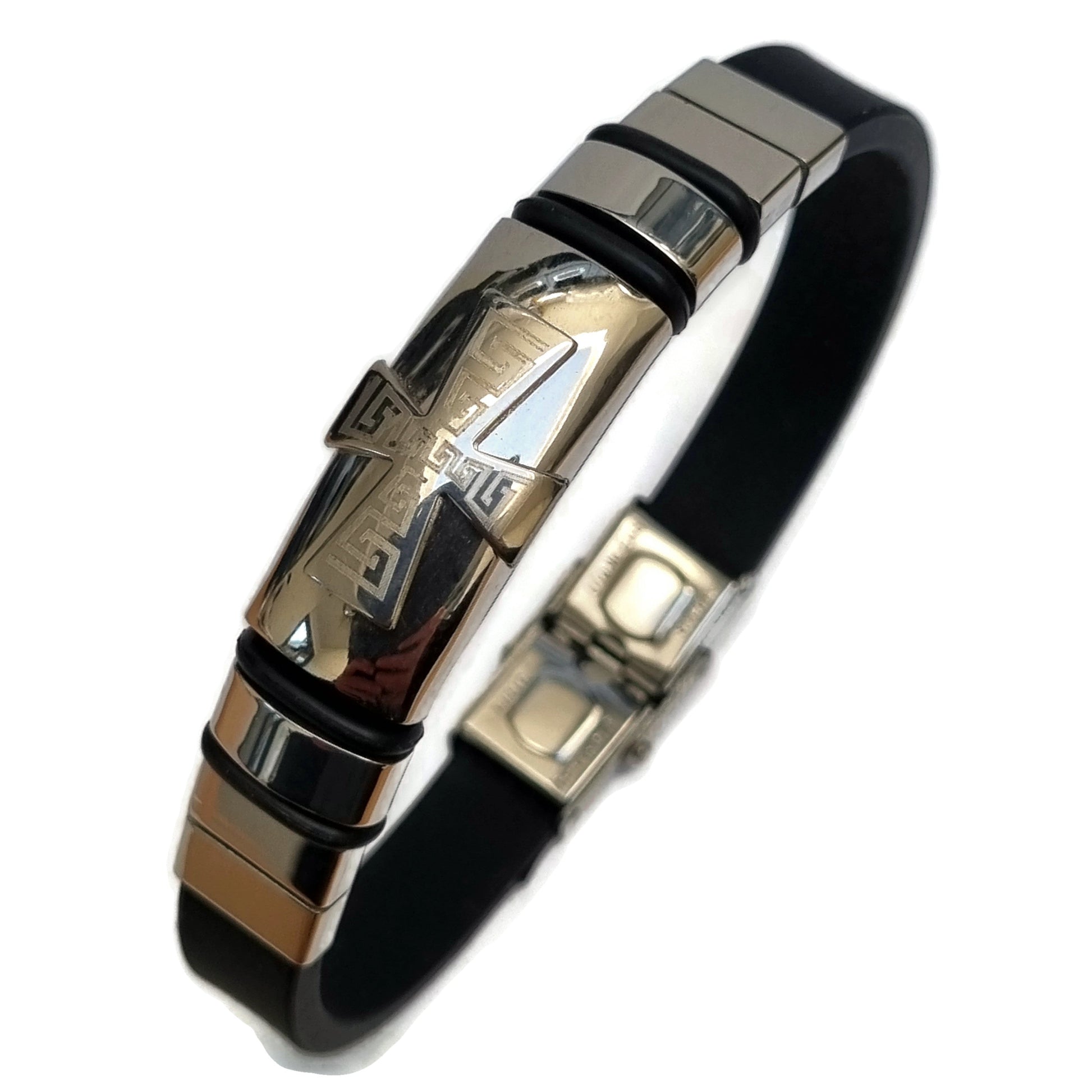 Zwarte Leren Armband Met Zilveren Sluiting - Siliconen Armband Kruis Met Stalen Accenten 20cm