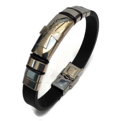 Zwarte Leren Armband Met Zilveren Sluiting, Siliconen Armband Kruis Stalen Accenten 20cm.