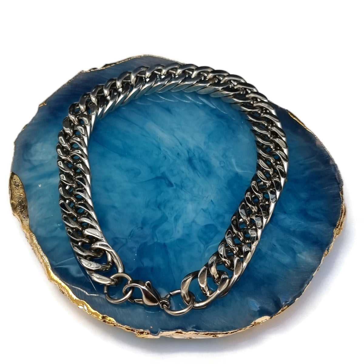 Stalen Gourmet Armband Met Blauwe Agaat En Zilveren Ketting 21cm