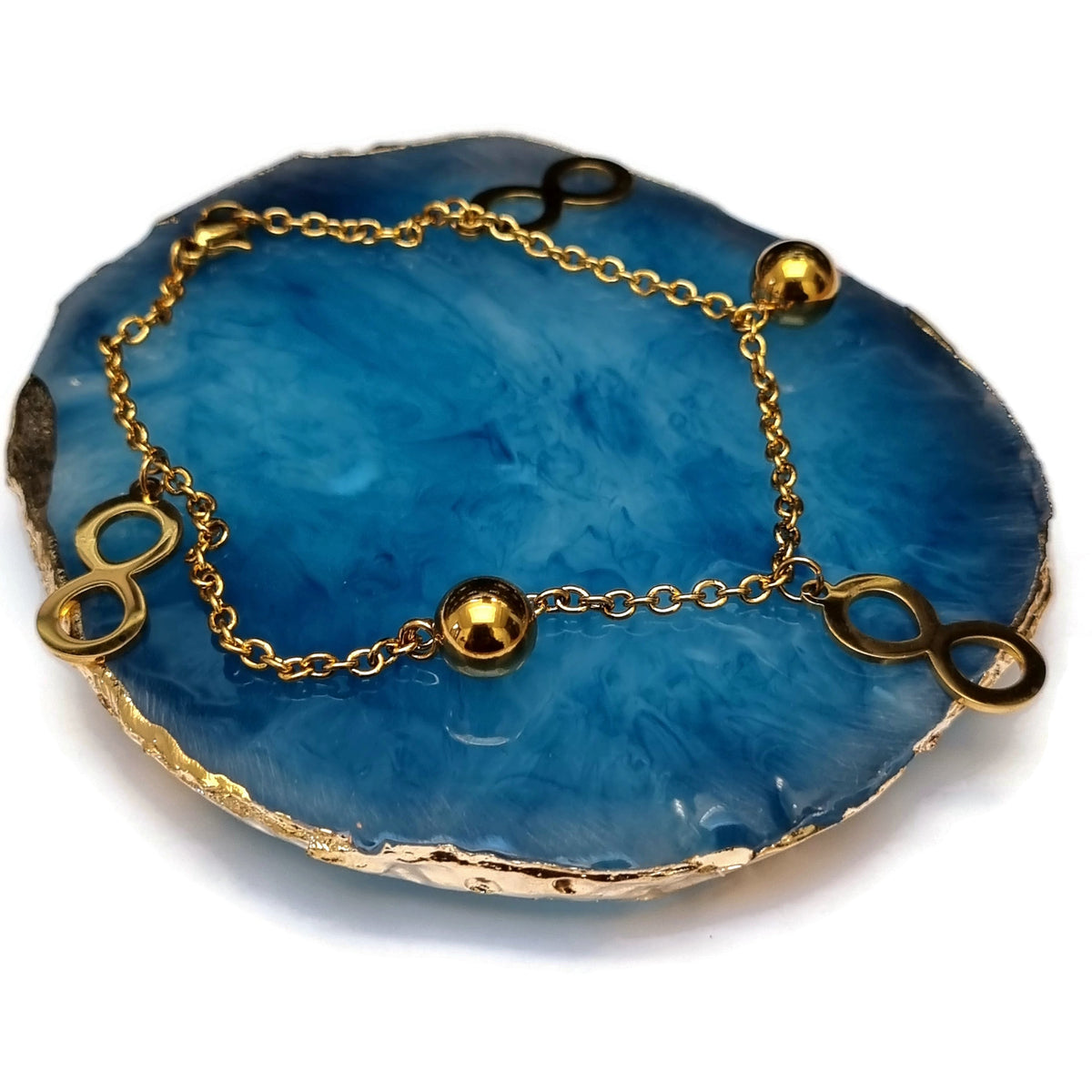 Blauwe Agaat Met Gouden Ketting En Sluiting Op Goudkleurige Bedel Armband Infinity 19cm