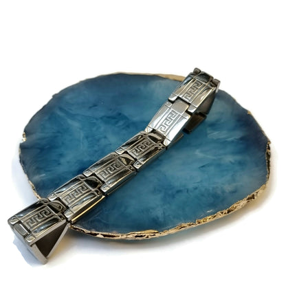 Stoere Grieks Schakel Armband Van Staal Op Blauwe Agaat
