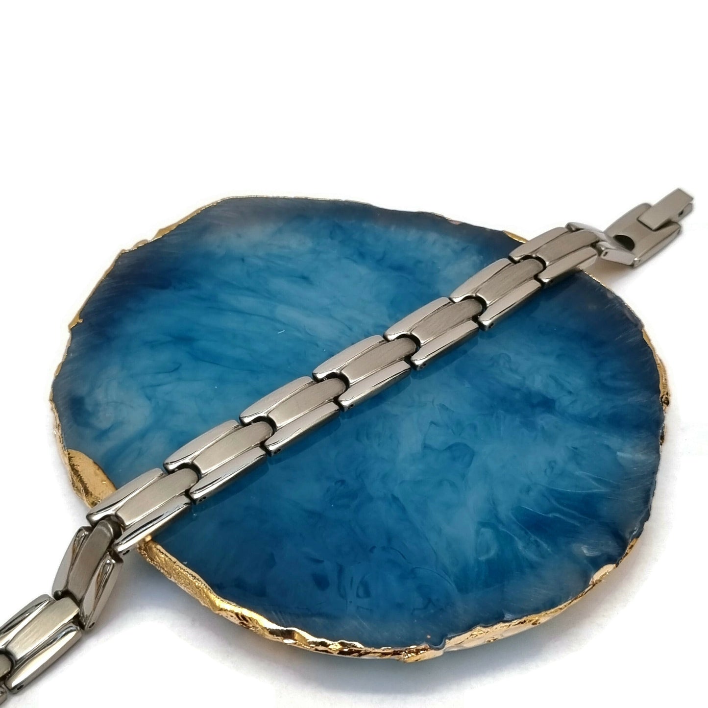 Blauwe Agaat Schakel Armband Met Zilveren Ketting