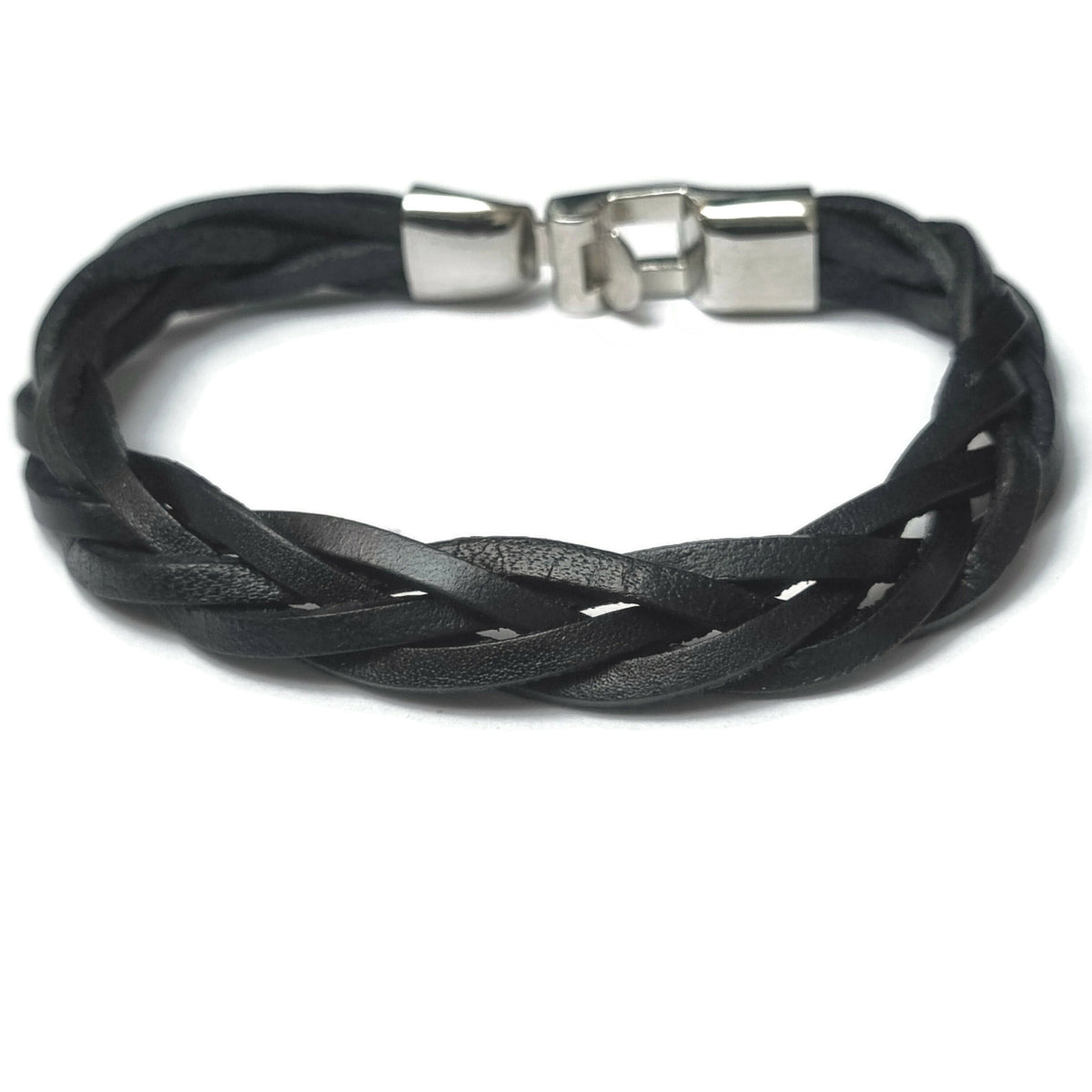 Zwarte Leren Gevlochten Armband Met Zilveren Sluiting