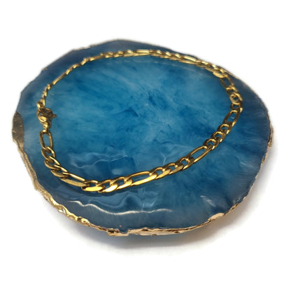 Blauwe Agaat Met Gouden Ketting - Gouden Stalen Figaro Armband 5mm