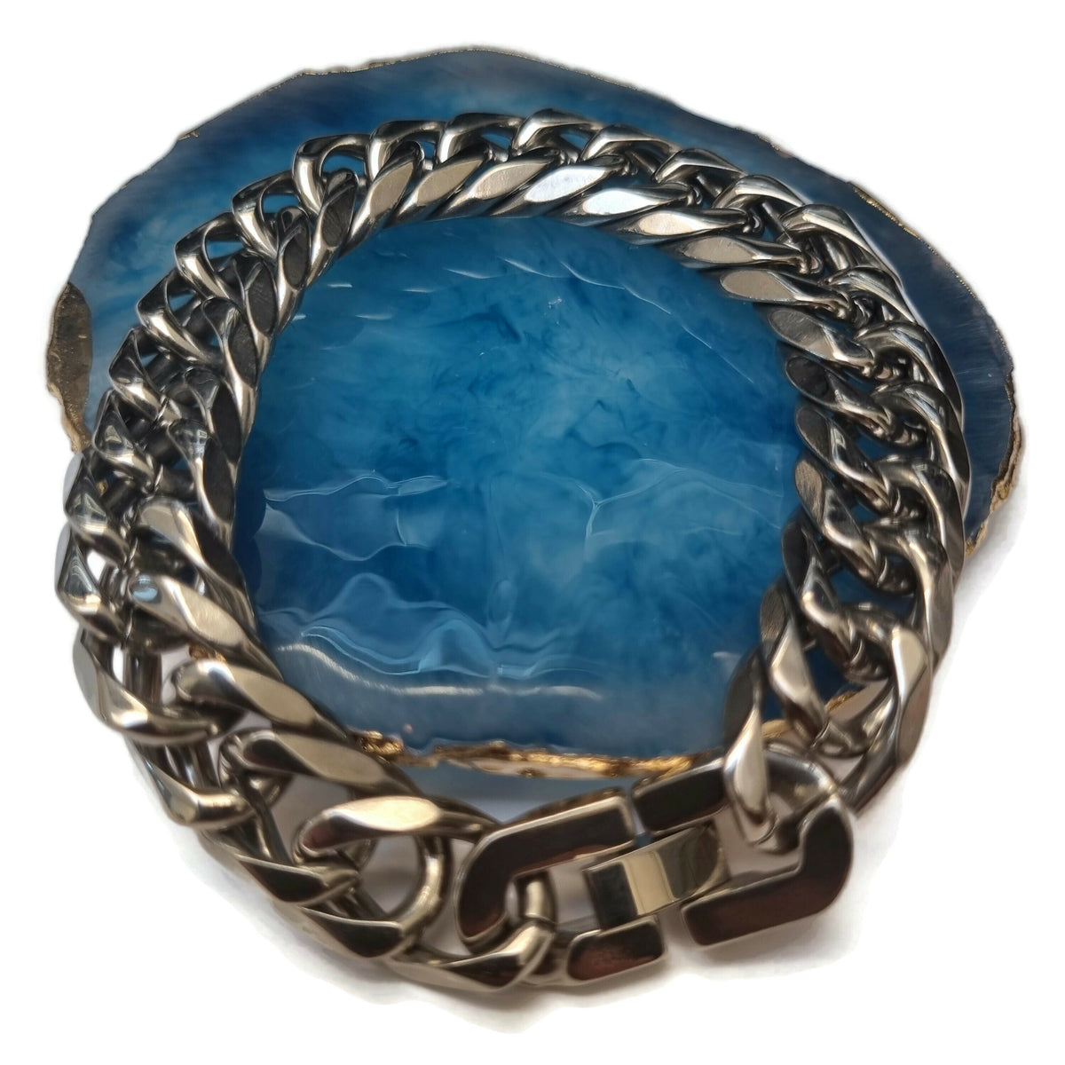 Brede Stalen Gourmet Armband Met Blauwe Steen Ring Met Ketting.