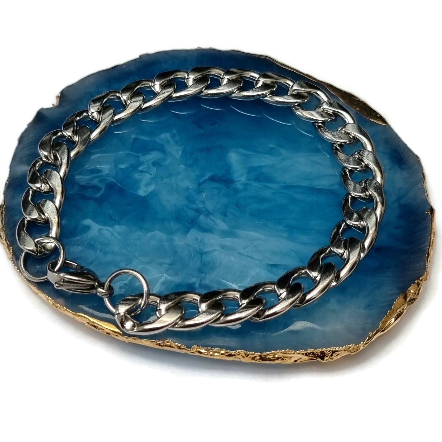 Blauwe Agaat Met Zilveren Ketting, Luxe Gourmet Armband Van Staal