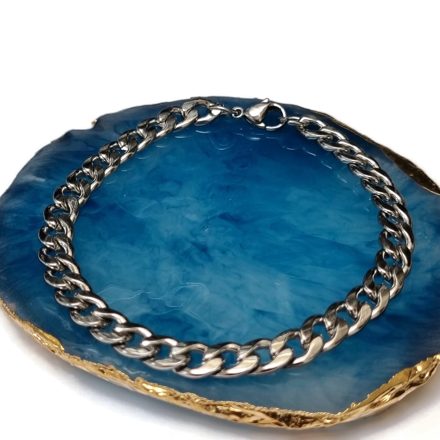 Blauwe Agaat Met Zilveren Gourmet Armband Staal