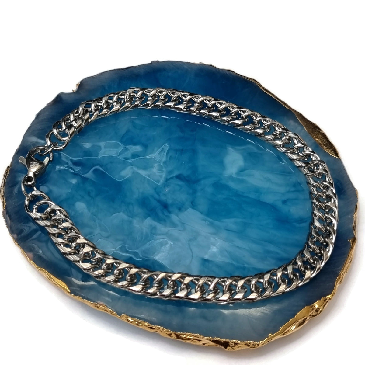 Blauwe Agaat Met Zilveren Ketting In Curb Cuban 21cm Armband Van Staal Zilver