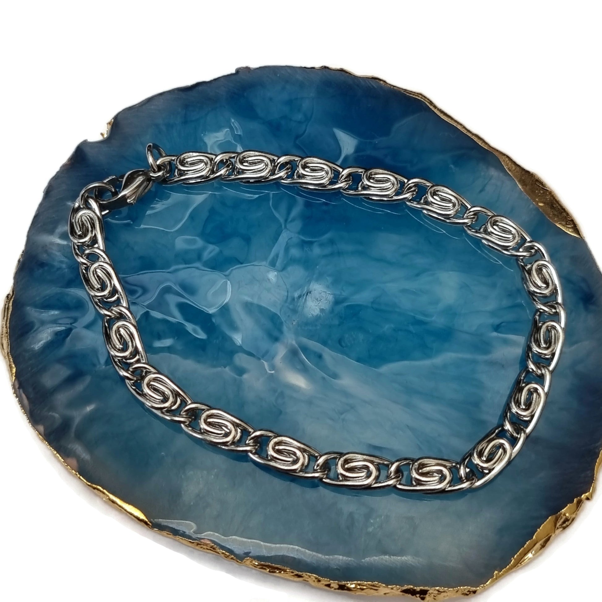 Blauwe Agaat Met Zilveren Ketting Op Griekse Schakel Armband
