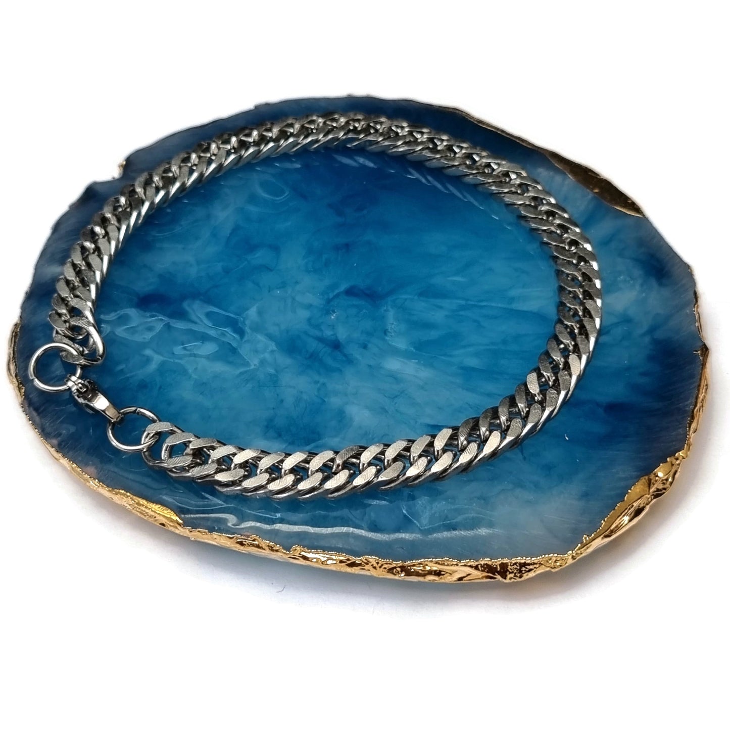 Blauwe Agaat Hanger Aan Zilveren Ketting - Schakel Armband Dubbele