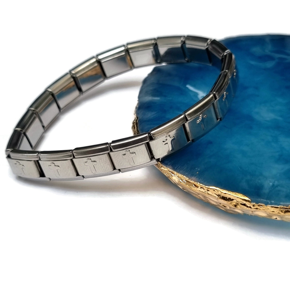 Stalen Italiaanse Armband Met Blauwe Steen En Gouden Sluiting