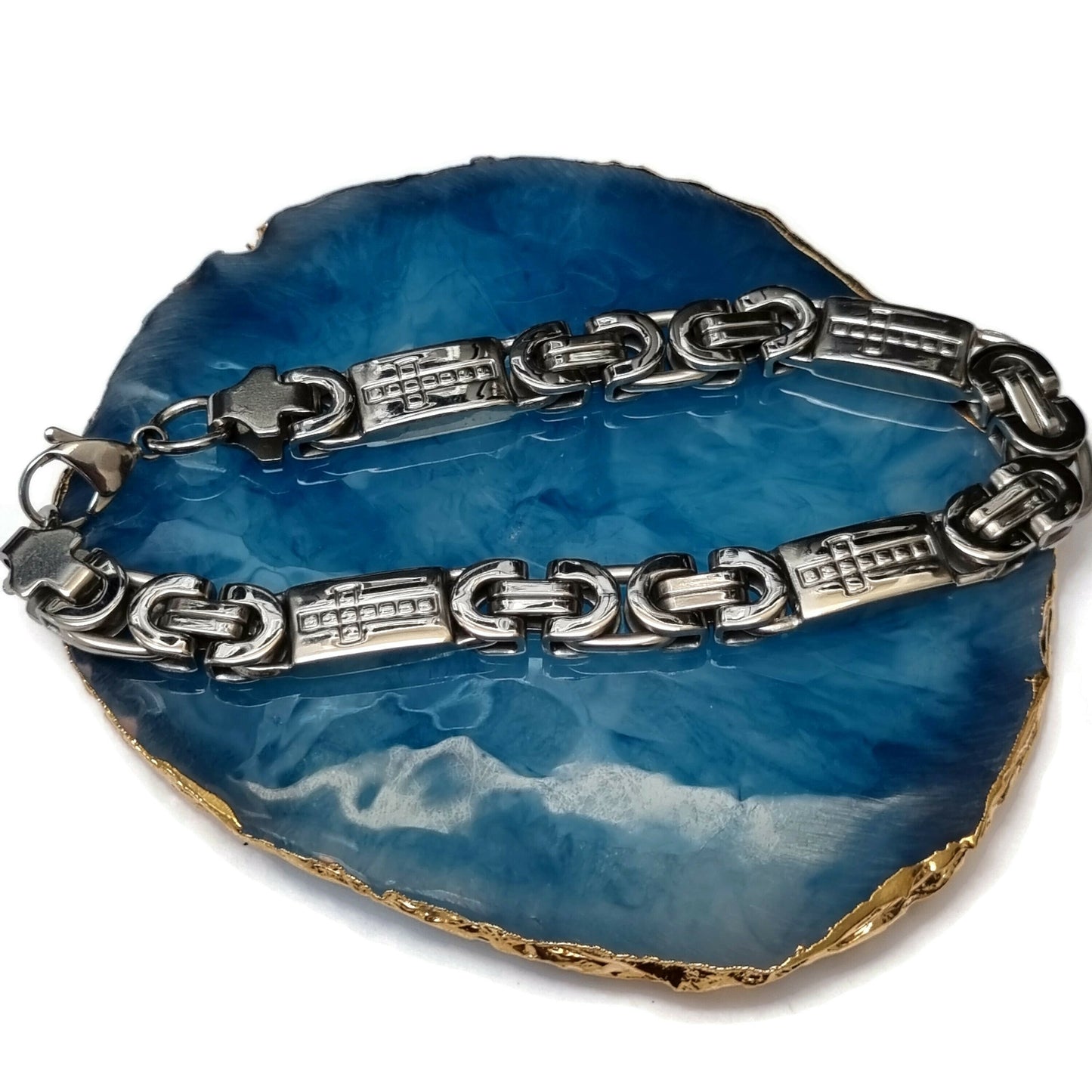 Konings Schakel Armband Met Blauwe Agaat En Zilveren Ketting