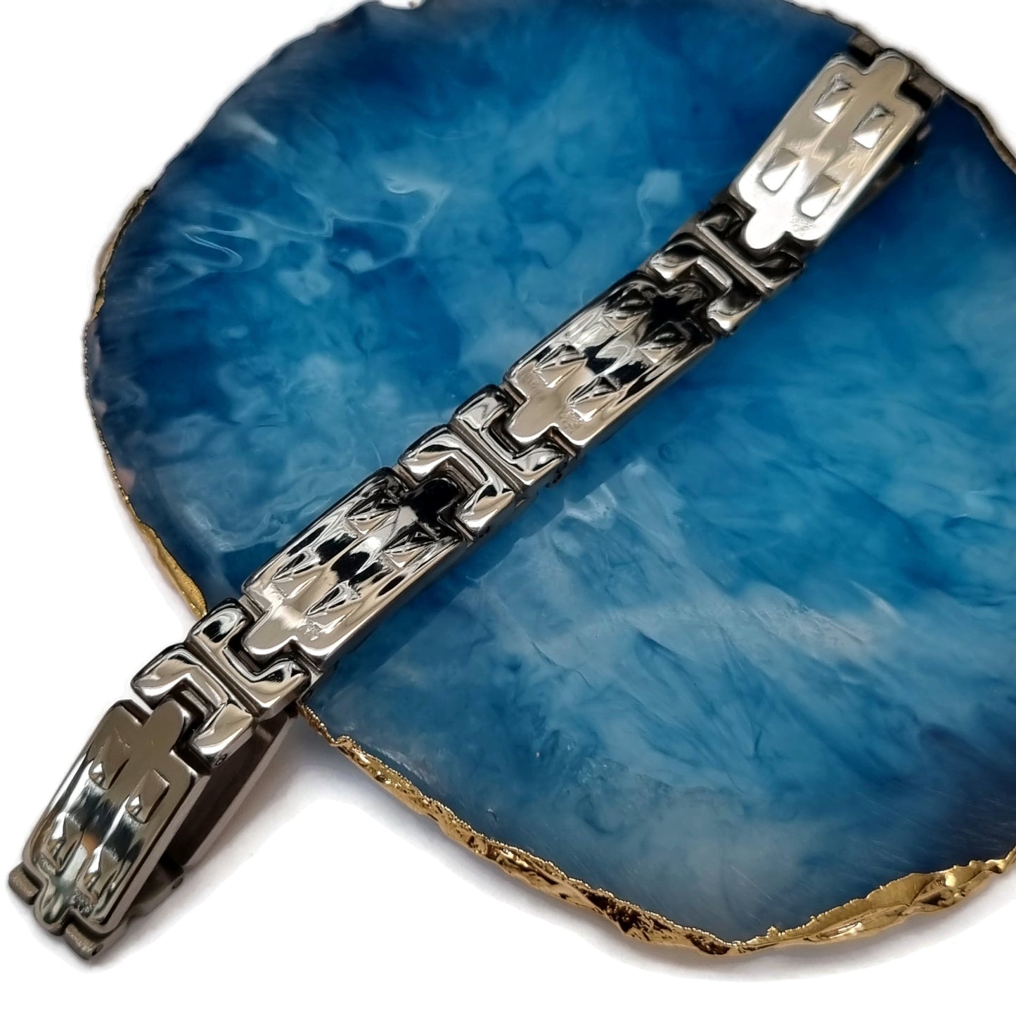 Armband Op Blauwe Agaat Met Close-up Van Rvs Schakelarmband Bosch Staal 20cm