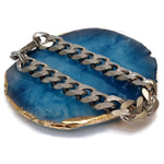 Blauwe Agaat Slice Met Ketting Op Rvs Armband Curb Cuban 13mm Mat.