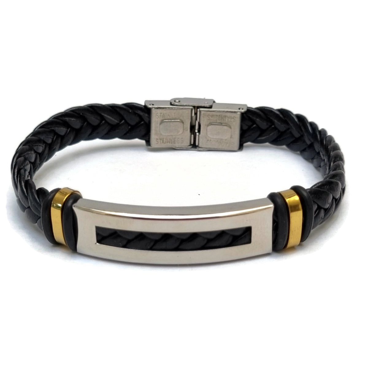 Mannen Roestvrijstalen En Zwart Leren Armband Met Rvs Accenten