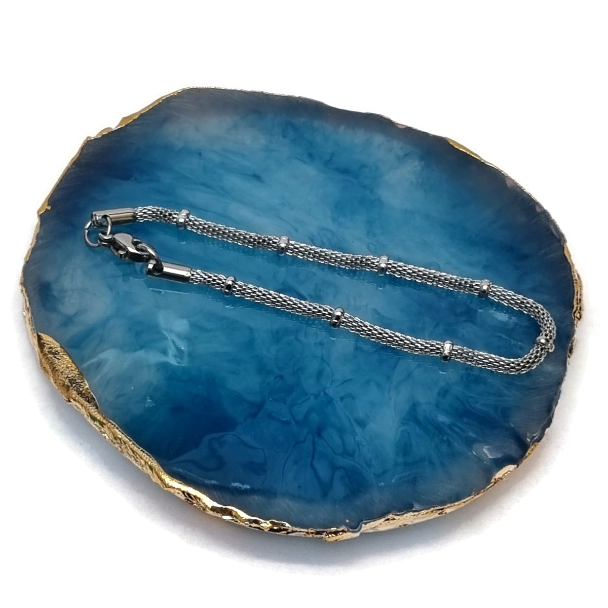 Ketting Op Een Blauw Agaat, Stalen Armband Mesh.