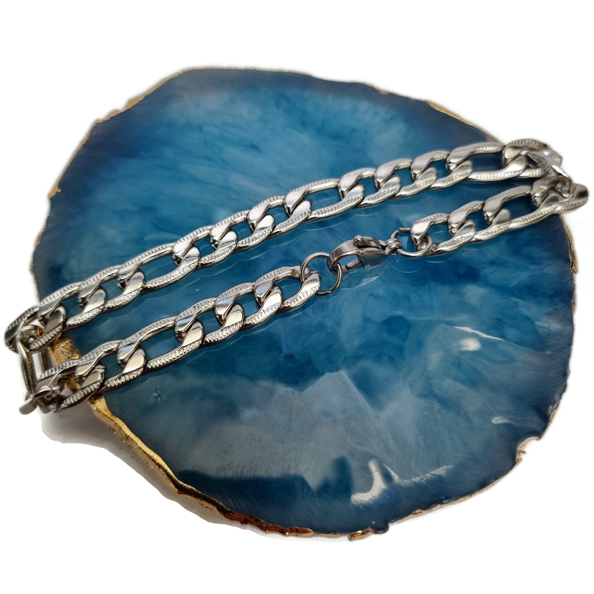 Stalen Armband Figaro Met Blauwe Agaat En Ketting.