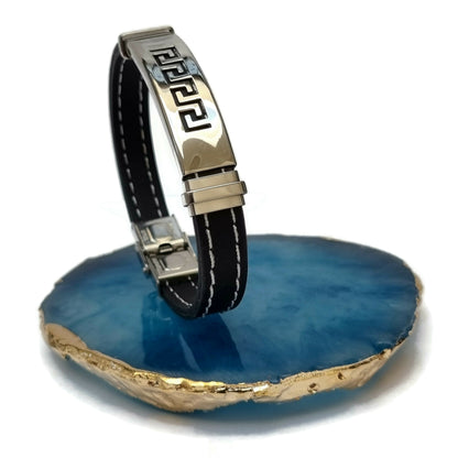 Armband Met Blauwe Steen En Gouden Plaatje - Siliconen Armband Met Rvs Accenten Grieks Motief Staal