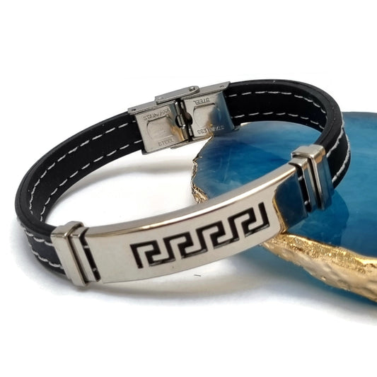 Armband Met Blauwe Steen En Vergulde Sluiting, Siliconen Armband Met Rvs Accenten In Grieks Motief字符