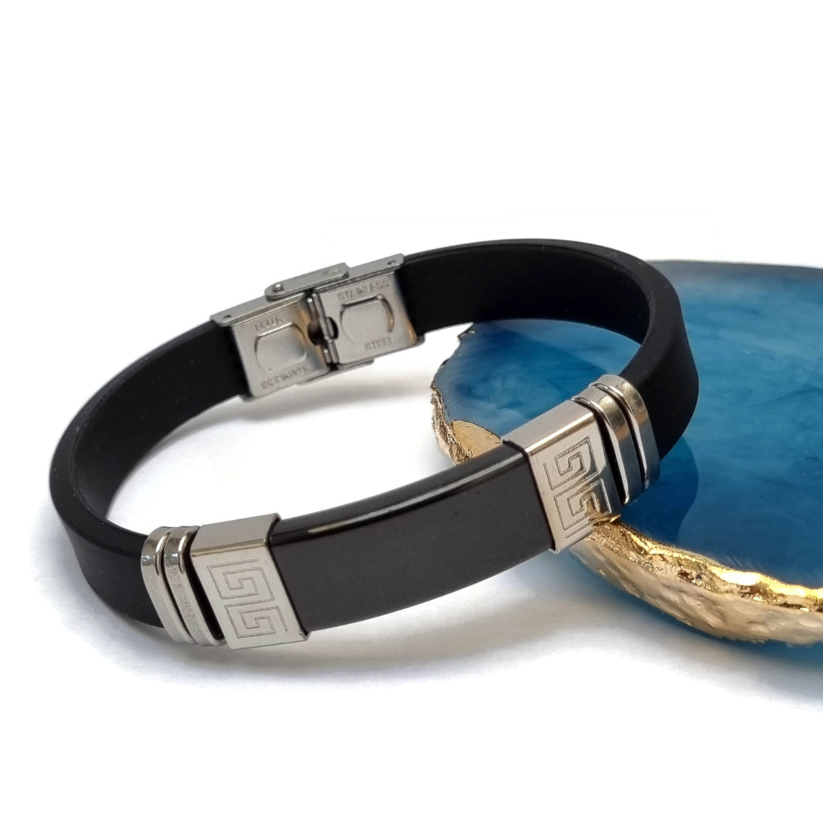 Blauwe Steen Siliconen Armband Met Rvs Accenten