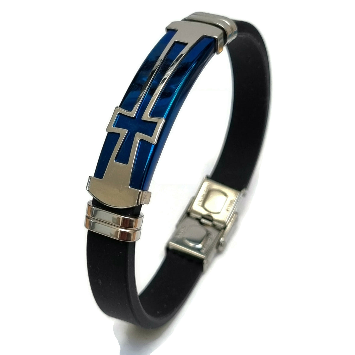 Siliconen Armband Met Kruis Design Op Blauwe Plaat