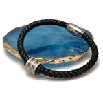 Blauwe Steen En Zwart Leren Armband Met Stalen Accenten 20cm 6mm