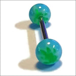 Groene Balletjes Tongpiercing Met Zwarte Staaf, Blauw Acryl.