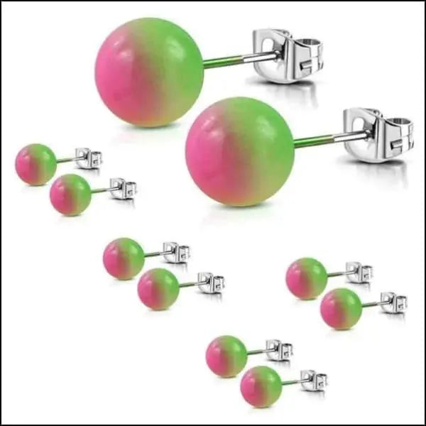 Een Set Van Vier Paar Roze En Groene Ballen In Bolletjes Oorstekers Acryl Staal.