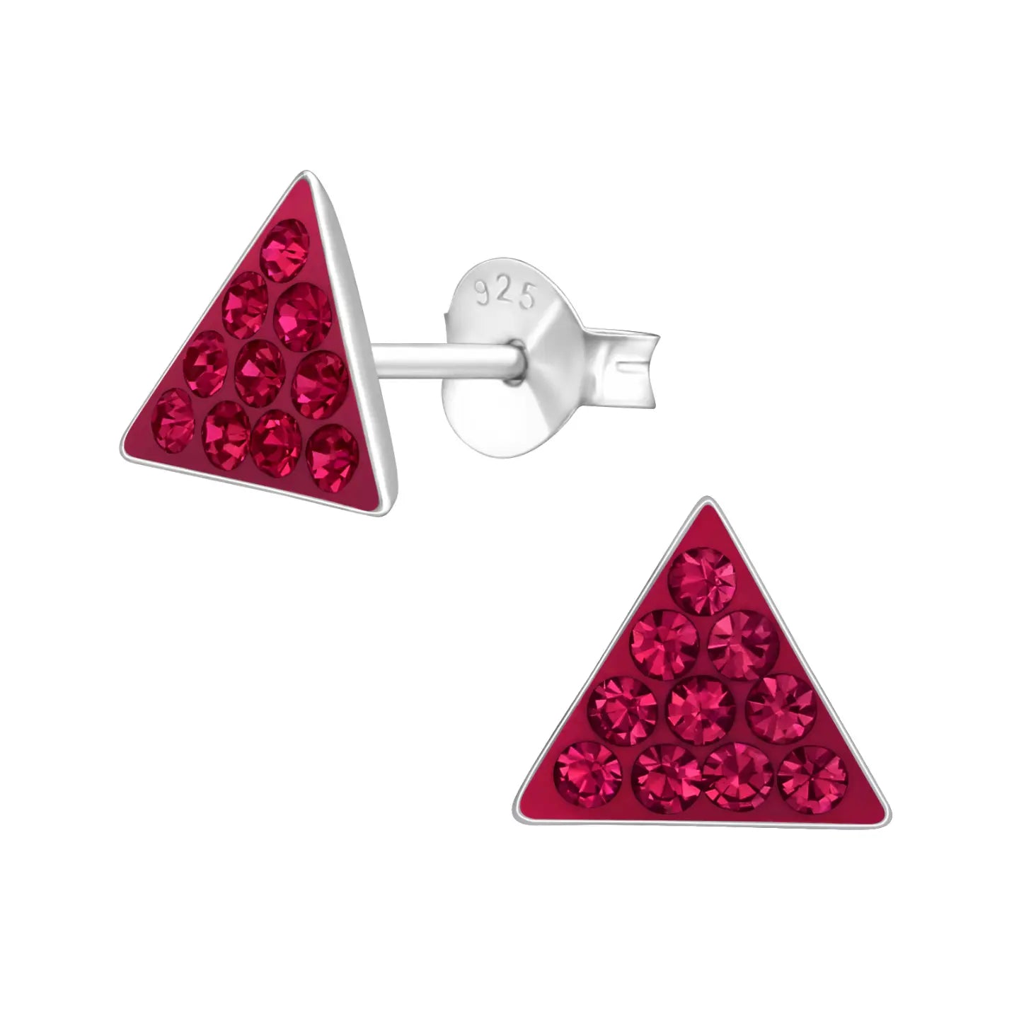Driehoekige Zilveren Kristallen Oorbellen Met Rode Edelstenen