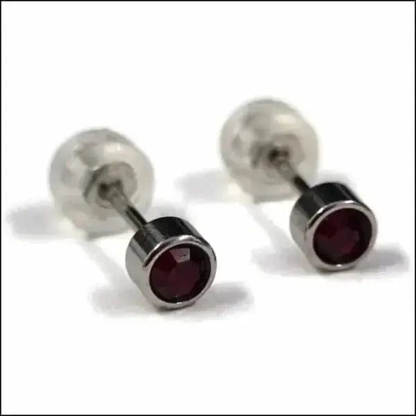 Stalen Kristallen Oorknopjes Zilverkleurig / 4 Mm / Donker Rood | Oorbellen