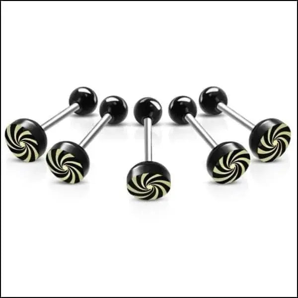 Zwarte En Witte Swirl Ballen Met Zwarte Tops Voor Chirurgisch Stalen Tongpiercing Logo.