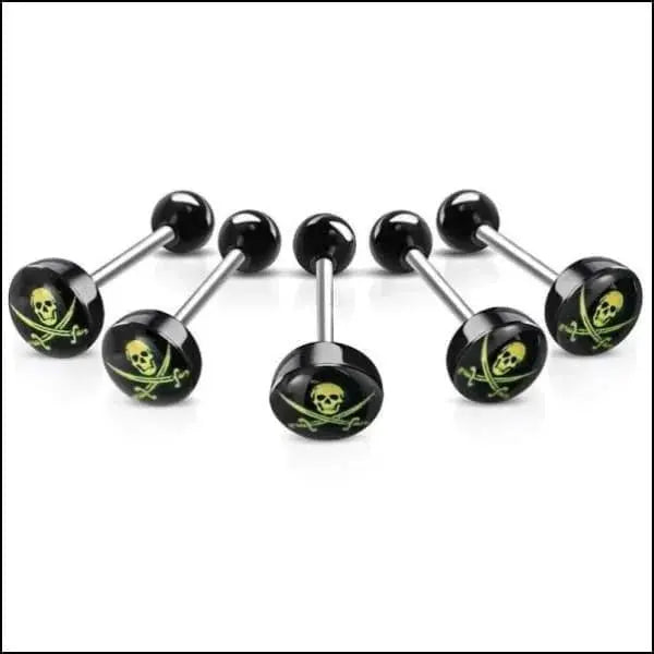 Zes Zwarte En Groene Skull En Crossbones Piercings In Chirurgisch Stalen Tongpiercing Logo.