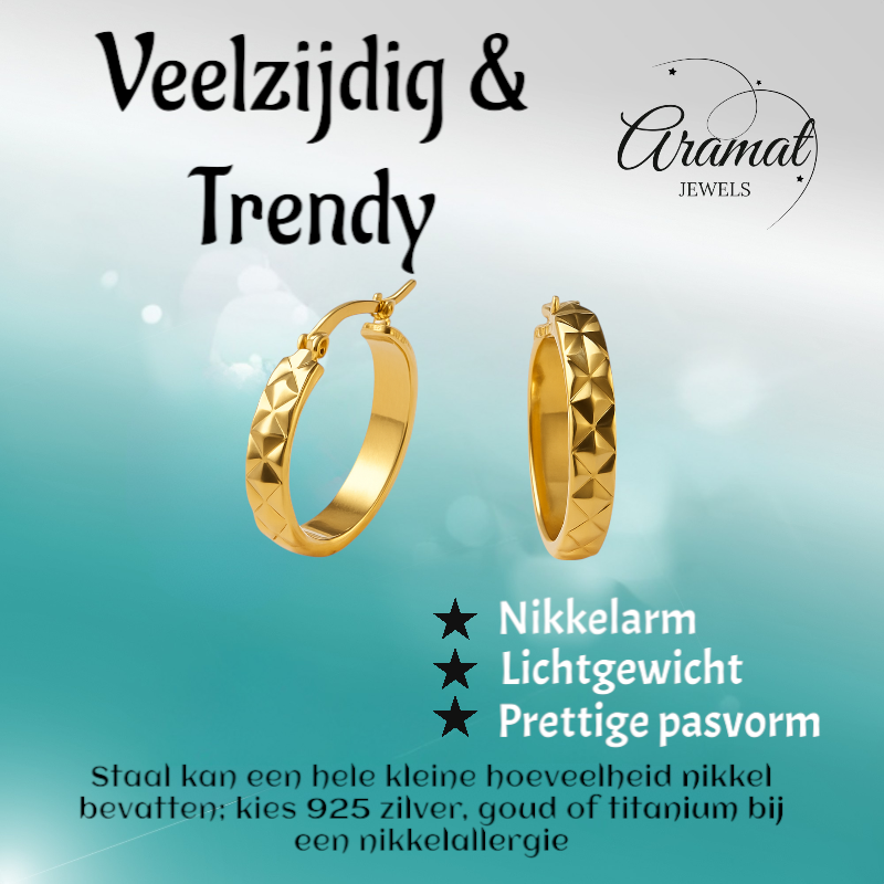 Creolen Ruitjes Goudkleur Staal – 25mm