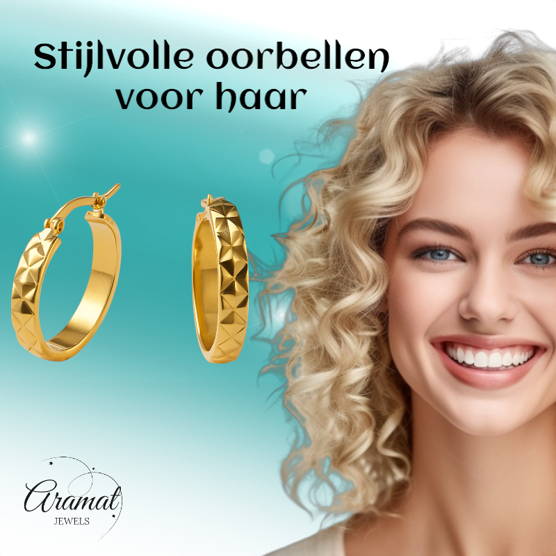 Creolen Ruitjes Goudkleur Staal – 25mm